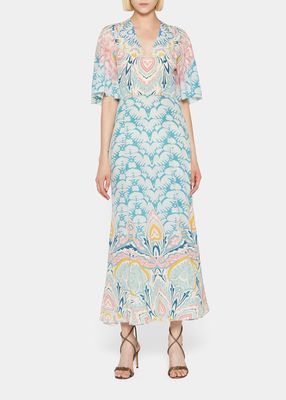 Abstract-Print Flutter-Sleeve Silk Dress