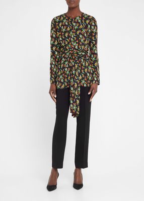 Abstract-Print Front-Tie Blouse
