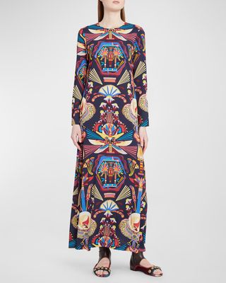Abstract-Print Long-Sleeve Maxi Swing Dress