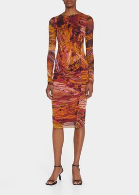 Abstract-Print Long-Sleeve Tulle Dress
