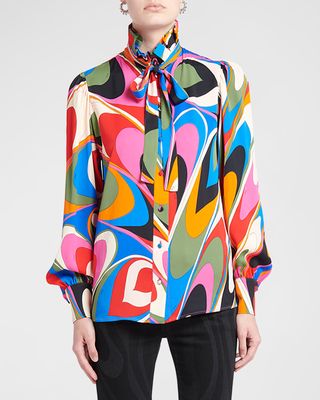 Abstract-Print Neck-Tie Ruffle-Collared Shirt