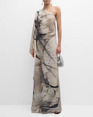 Abstract-Print One-Shoulder Silk Caftan Gown