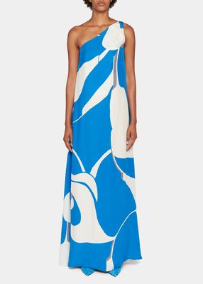 Abstract-Print One-Shoulder Silk Maxi Dress