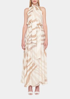 Abstract-Print Scarf-Neck Belted Silk Maxi Dress
