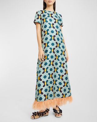 Abstract-Print Short-Sleeve Feather-Trim Maxi Swing Dress