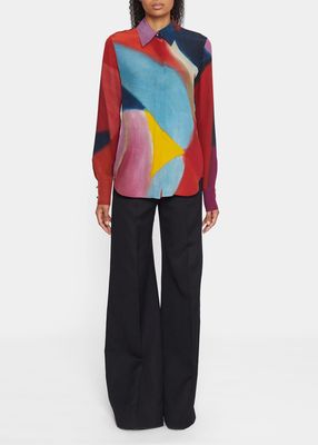 Abstract-Print Silk Collared Blouse