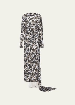 Abstract-Print Silk Column Dress with Train