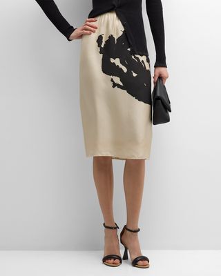 Abstract-Print Silk Pull-On Midi Skirt