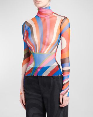 Abstract-Print Turtleneck Long-Sleeve Mesh T-Shirt