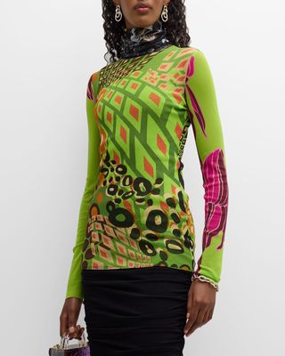 Abstract-Print Turtleneck Tulle Shirt