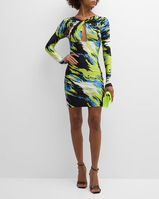 Abstract-Print Twisted Cutout Jersey Mini Dress