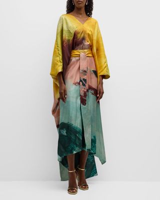 Abstract-Print V-Neck Bracelet-Sleeve Silk Twill Caftan Dress