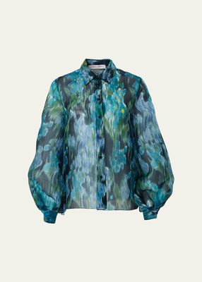 Abstract Puff-Sleeve Button Down Silk Top