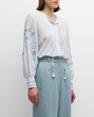 Acacia Sequin Floral-Embroidered Blouse