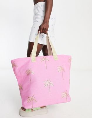 Accessorize beach bag tote in pink palm tree design