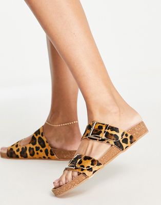 Accessorize leather slide buckle sandals in leopard print-Multi