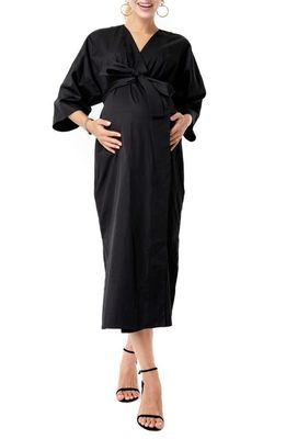 Accouchée Tie Belt Maternity/Nursing Wrap Midi Dress in Black