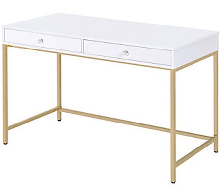 ACME Ottey Desk 2 drawer, White High Gloss & Go ld
