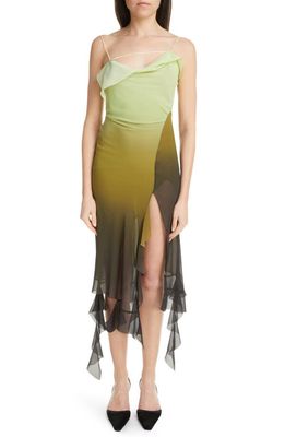 Acne Studios Delouise Asymmetric Ombré Ruffle Chiffon Dress in Green