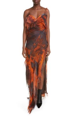 Acne Studios Dois Color Burst Draped Chiffon Dress in Rust Orange