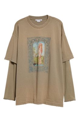 Acne Studios Edra Layered Look Distressed Cotton Graphic T-Shirt in Mud Brown