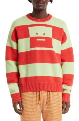 Acne Studios Face Jacquard Stripe Crewneck Wool Sweater in Sharp Red/Pale Green