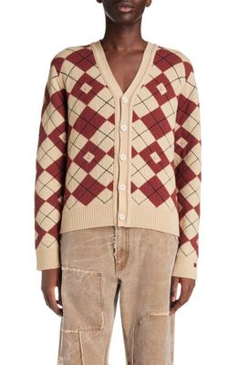 Acne Studios Face Logo Argyle Jacquard Wool Blend V-Neck Sweater in Biscuit Beige/Deep Red