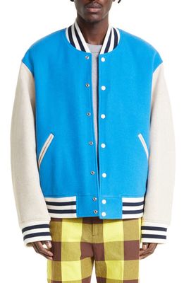 Acne Studios Face Patch Colorblock Wool Blend Varsity Bomber Jacket in Sapphire Blue