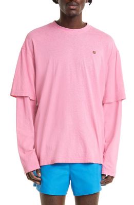 Acne Studios Face Patch Layered Long Sleeve Cotton T-Shirt in Bubblegum Pink