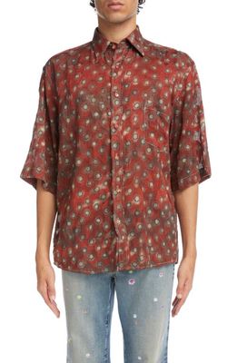 Acne Studios Faded Daisies Short Sleeve Button-Up Shirt in Dark Red/Grey