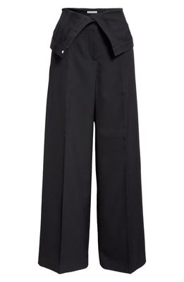 Acne Studios Foldover Waist Pleated Recycled Polyester & Wool Wide Leg Trousers in Black