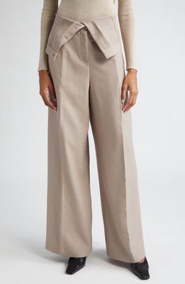 Acne Studios Foldover Waist Pleated Recycled Polyester & Wool Wide Leg Trousers in Cold Beige