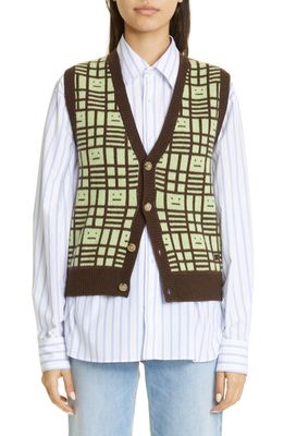 Acne Studios Kanni Face Jacquard Wool Sweater Vest in Pale Green/Cacao Brown