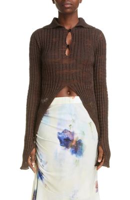 Acne Studios Kapucine Crop Button Front Slub Linen Blend Sweater in Dark Brown