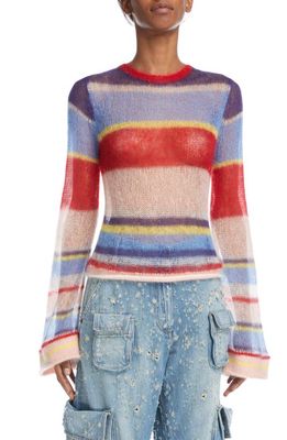 Acne Studios Karis Stripe Open Stitch Crewneck Mohair & Wool Blend Sweater in Blue/Multi