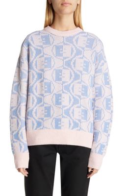 Acne Studios Katch Face Logo Two-Tone Wool & Cotton Sweater in Faded Pink Melange/Light Blue