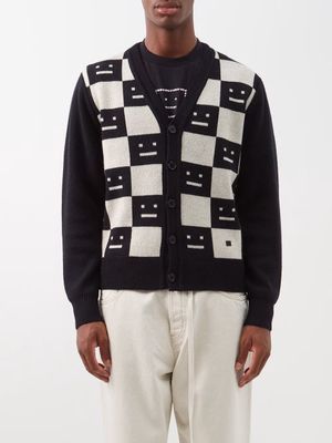 Acne Studios - Katlaro Checkerboard Face-logo Wool Cardigan - Mens - Black Cream