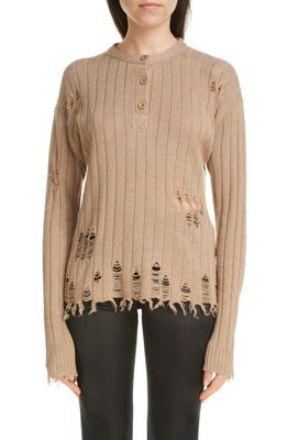 Acne Studios Kenjen Distressed Rib Henley Sweater in Camel Brown