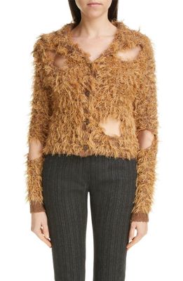 Acne Studios Kozzie Distressed Hairy Web Wool Blend Cardigan in Camel Brown