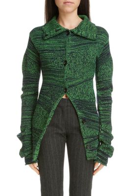 Acne Studios Krane Asymmetric Recycled Wool Blend Mouliné Cardigan in Navy/Flou Green