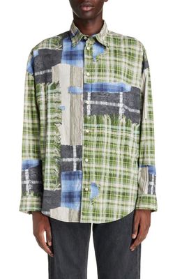 Acne Studios Oversize Plaid & Stripe Patchwork Button-Up Shirt in Green Multi