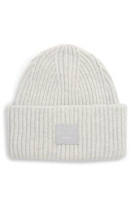 Acne Studios Pansy Face Patch Rib Wool Beanie in Light Grey Melange