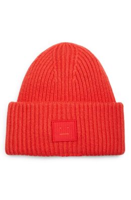 Acne Studios Pansy Face Patch Rib Wool Beanie in Sharp Red