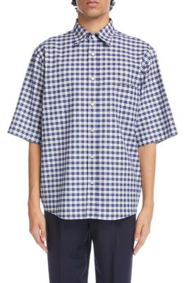 Acne Studios Plaid Short Sleeve Button-Up Shirt in Blue/White