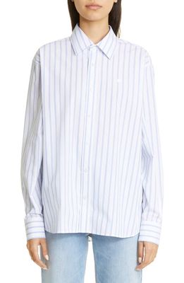 Acne Studios Sarlie Stripe Face Patch Long Sleeve Button-Up Shirt in White/Dusty Blue