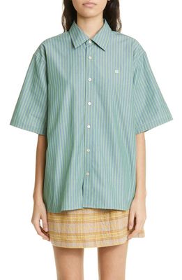 Acne Studios Sarlie Stripe Short Sleeve Cotton Button-Up Shirt in Jade Green/Blue