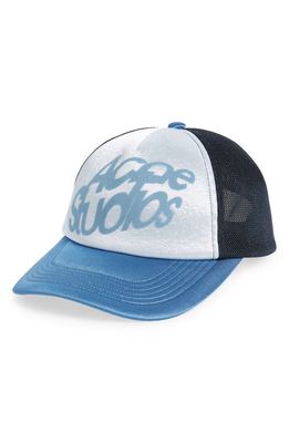 Acne Studios Shadow Logo Satin Snapback Trucker Hat in Multi Blue