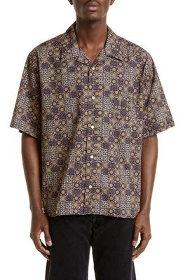 Acne Studios Short Sleeve Cotton Button-Up Shirt in Cacao Brown/Multi