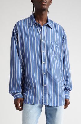 Acne Studios Stripe Logo Embroidered Button-Up Shirt in Mid Blue