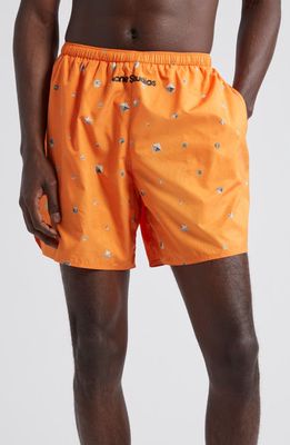 Acne Studios Walter Stud Print Swim Trunks in Bright Orange